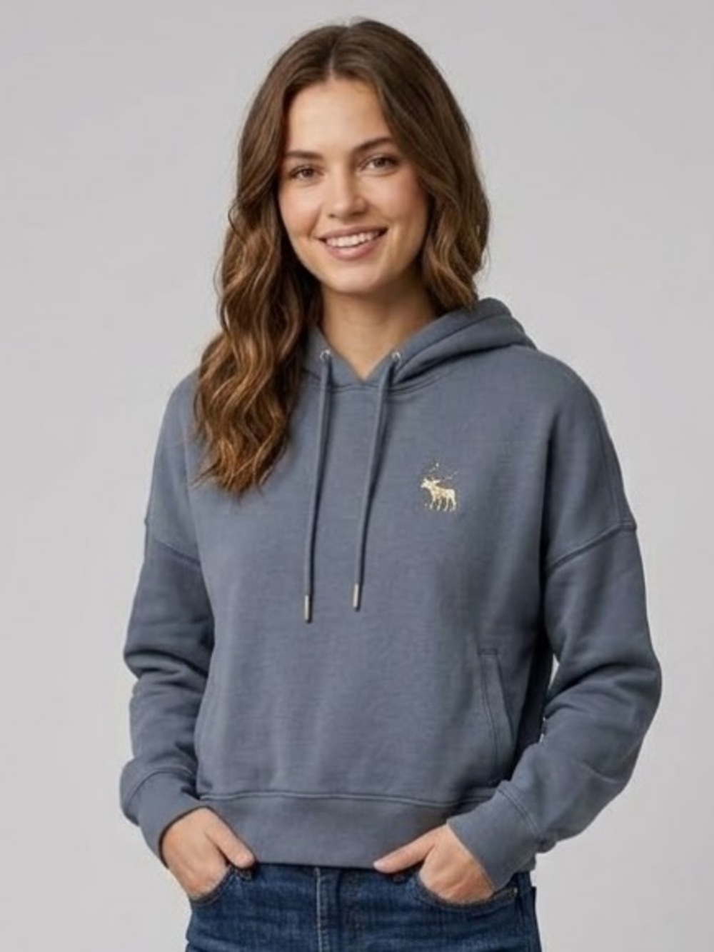 Abercrombie & Fitch Cropped Hoodie Embroidered Moose Grey Size S